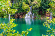 Landscape with beautiful waterfalls in Plitvice Lakes National P