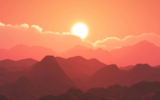 3D mountain landscape against sunset sky