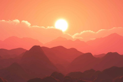 3D mountain landscape against sunset sky
