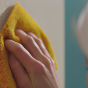 Hausfrau reinigt mit einem weichen Tuch eine Duschrückwand