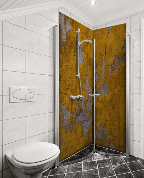 Duschrückwand Aluverbund – Goldene Patina-Textur | Rustikale Industrie-Wandkunst
