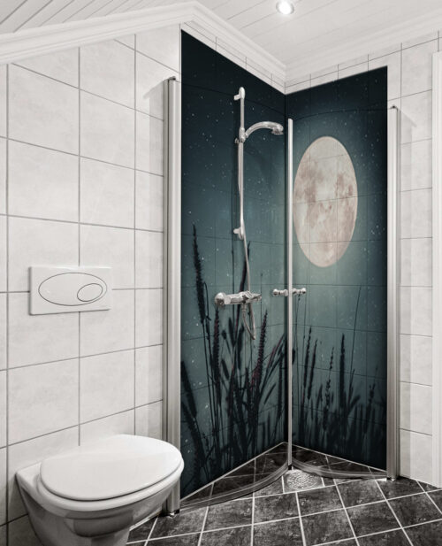Duschrückwand Aluverbund – Mystische Vollmond-Landschaft