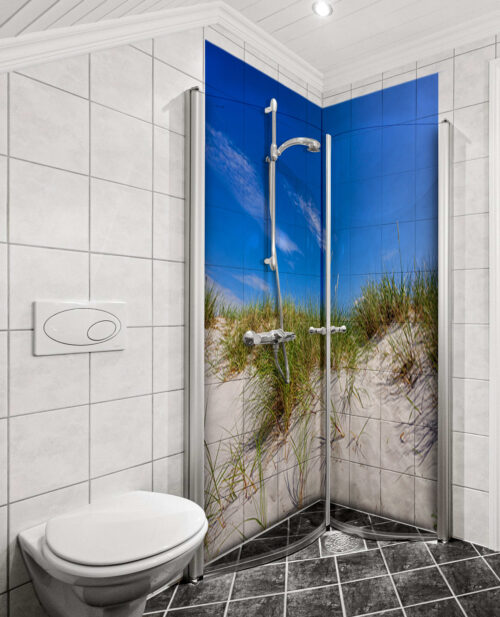 Duschrückwand Aluverbund – Sanddünen mit Strandgras & blauem Himmel