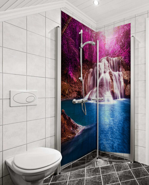 Duschrückwand Aluverbund – Mystischer rosa Paradies-Wasserfall | Blaue Lagune